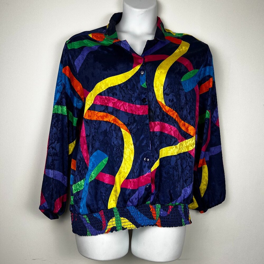 Vintage 80s Bal Harbour Abstract Ribbon Blouse L Made in USA